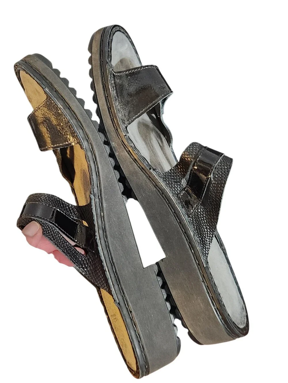 Naot Sandals Womens 41 10 10.5 Black Patent Leather Double Strap Shoes Hook Loop